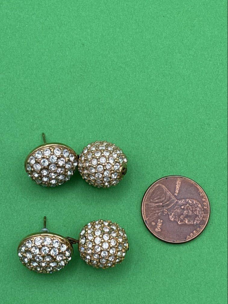 Swarovski Gold Tone Pavé Crystal Button Earrings | Signed Vintage Designer Stud Earrings