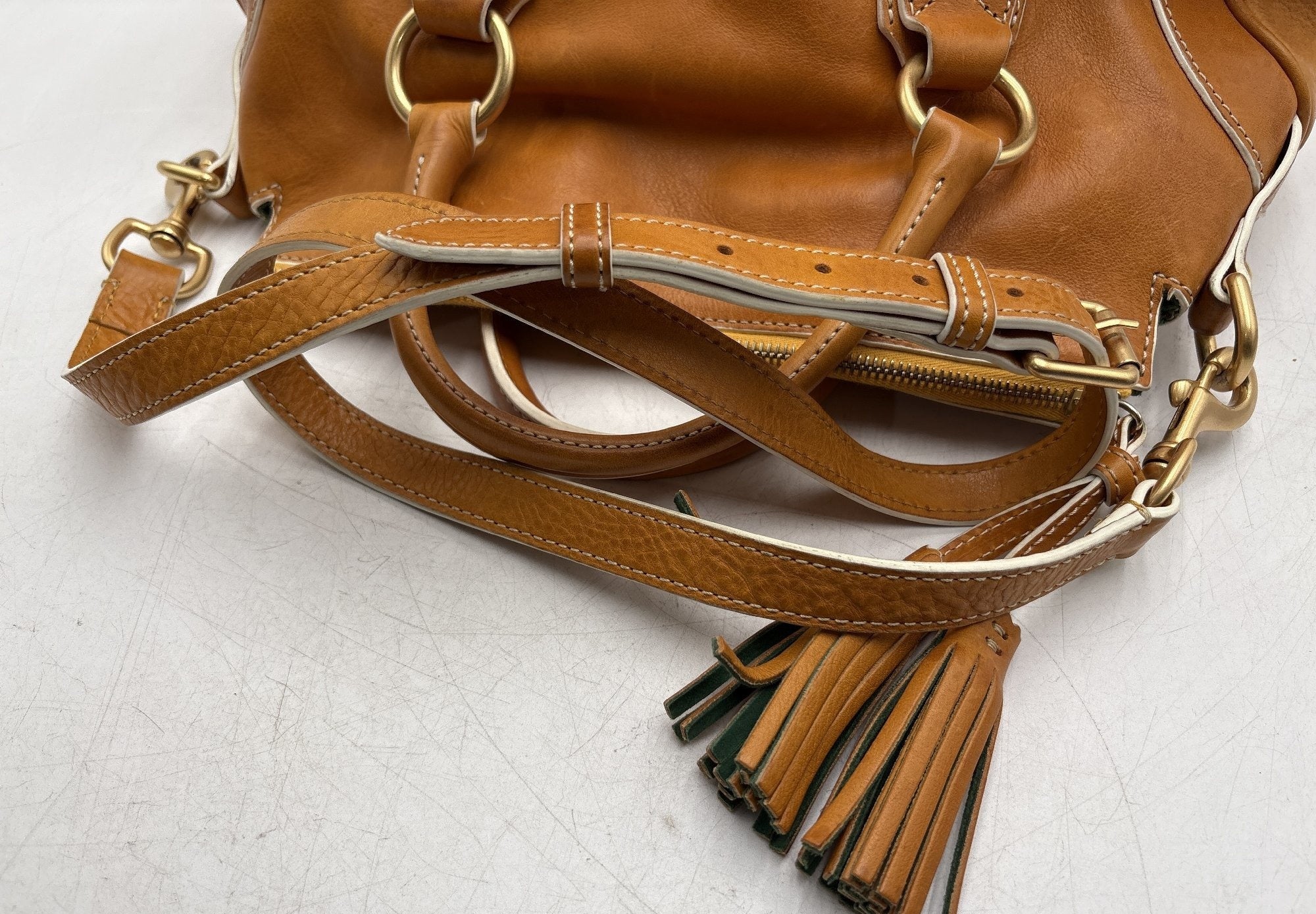 Dooney and Bourke Caramel Brown Leather Satchel Handbag Brass Hardware