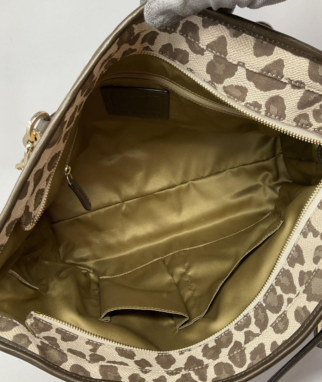 Coach Ocelot Leopard Jacquard Tote Bag Natural Brown Leather Trim Shoulder Shopper