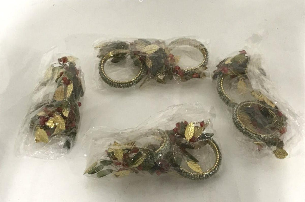Set of 8 Gold Tone Green and Red Beaded Napkin Rings with Leaf Accents