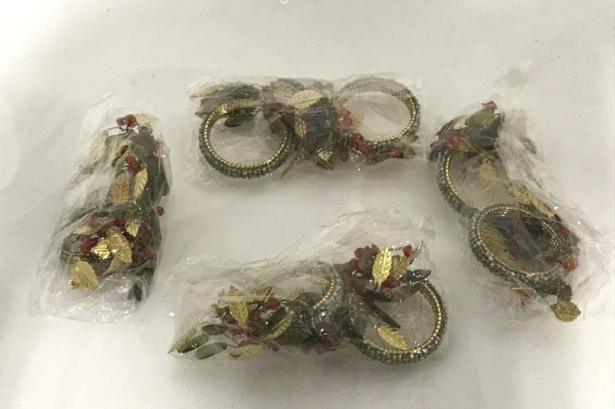 Set of 8 Gold Tone Green and Red Beaded Napkin Rings with Leaf Accents