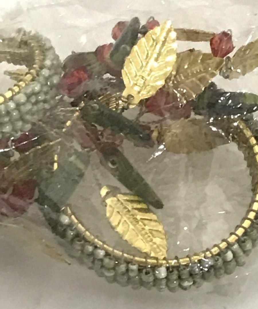 Set of 8 Gold Tone Green and Red Beaded Napkin Rings with Leaf Accents