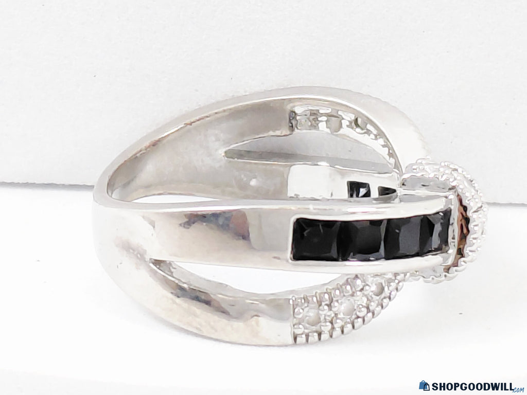 925 Silver Clear & Black Glass Crossover Ring Size 8.5