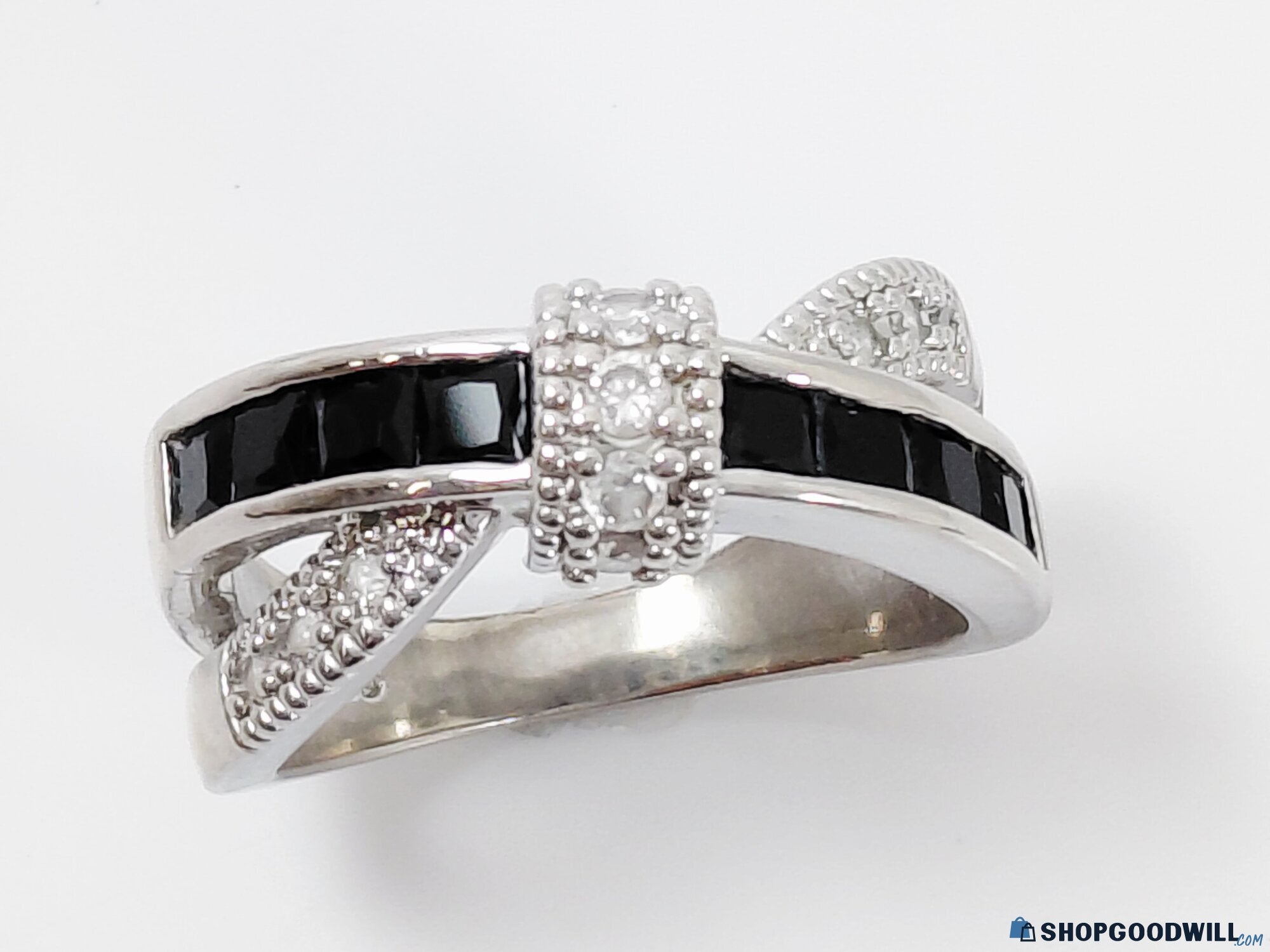 925 Silver Clear & Black Glass Crossover Ring Size 8.5