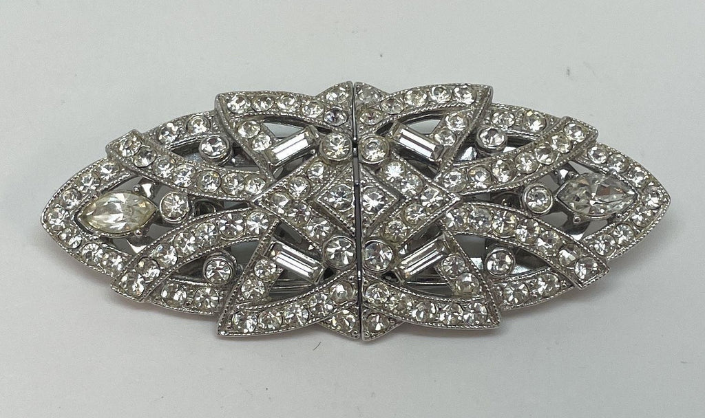(SOLD) Fashion Art Deco Inspired Silver Tone Icy Rhinestone Dress Clip Brooch 23g