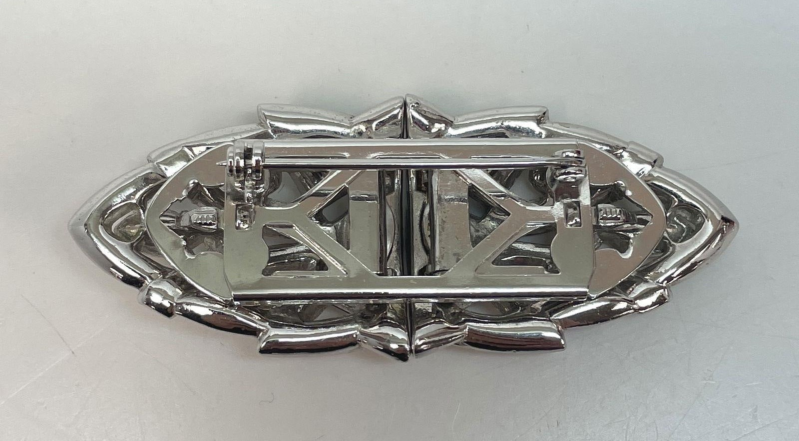 (SOLD) Fashion Art Deco Inspired Silver Tone Icy Rhinestone Dress Clip Brooch 23g