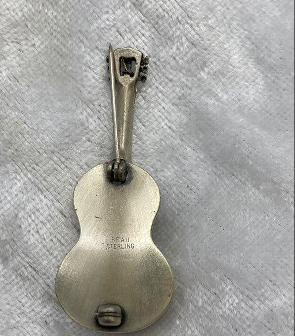 Vintage Beau Signed Sterling Silver Acoustic Guitar Brooch Pin 5.83g