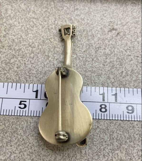 Vintage Beau Signed Sterling Silver Acoustic Guitar Brooch Pin 5.83g