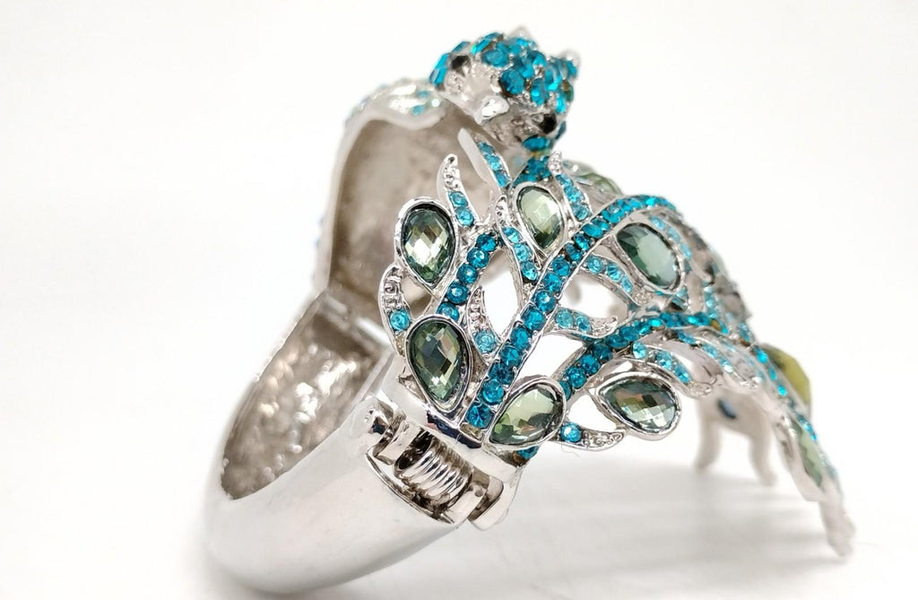 Colorful Peacock Crystal Statement Cuff Bracelet Blue Green Rhinestone Hinged Bangle