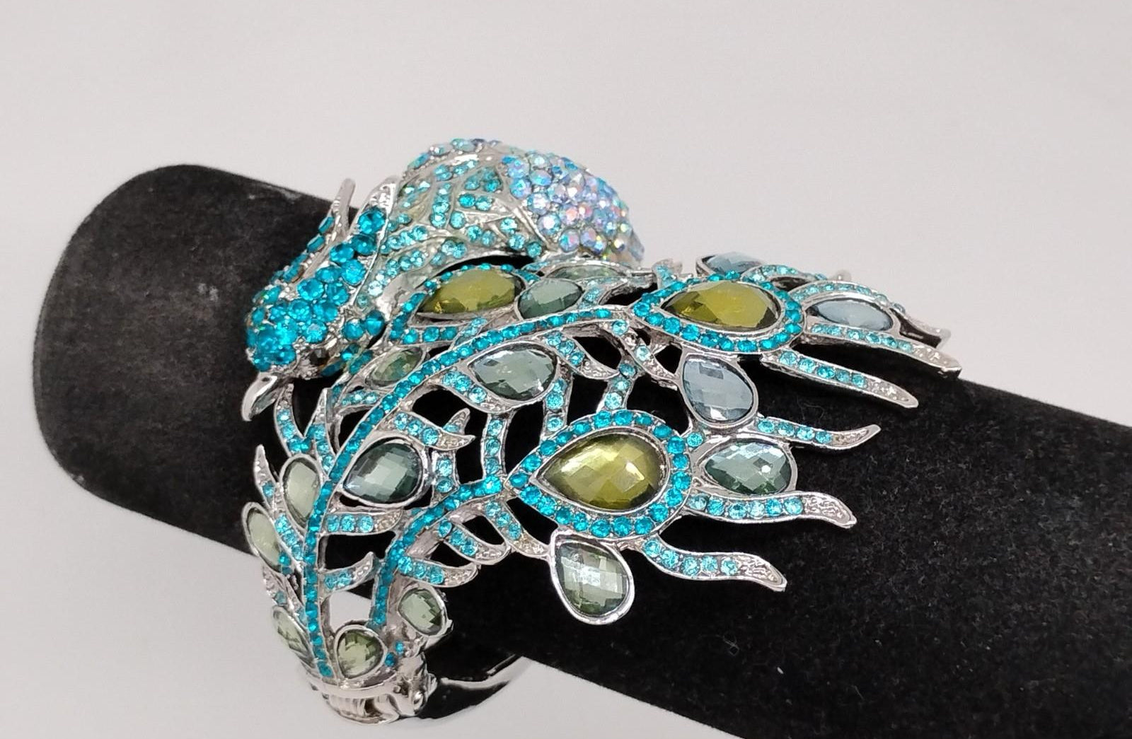 Colorful Peacock Crystal Statement Cuff Bracelet Blue Green Rhinestone Hinged Bangle