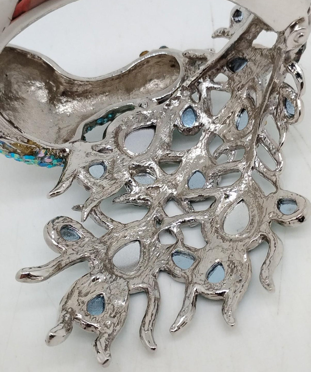 Colorful Peacock Crystal Statement Cuff Bracelet Blue Green Rhinestone Hinged Bangle