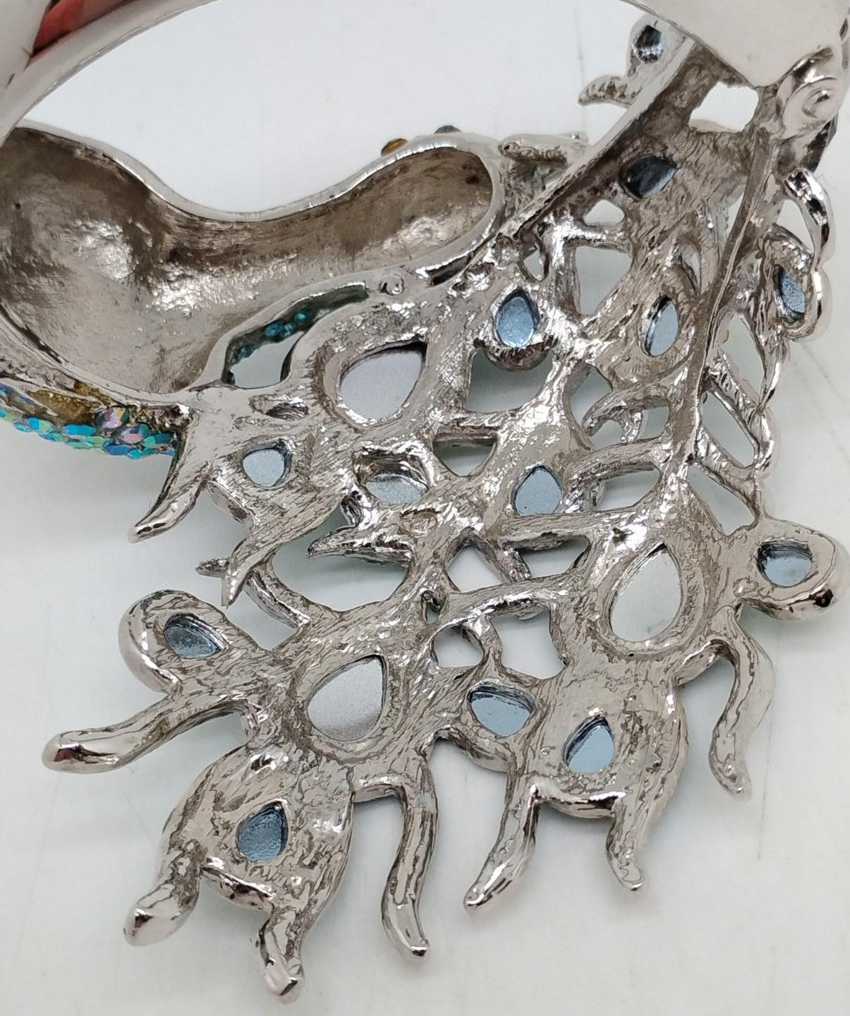 Colorful Peacock Crystal Statement Cuff Bracelet Blue Green Rhinestone Hinged Bangle