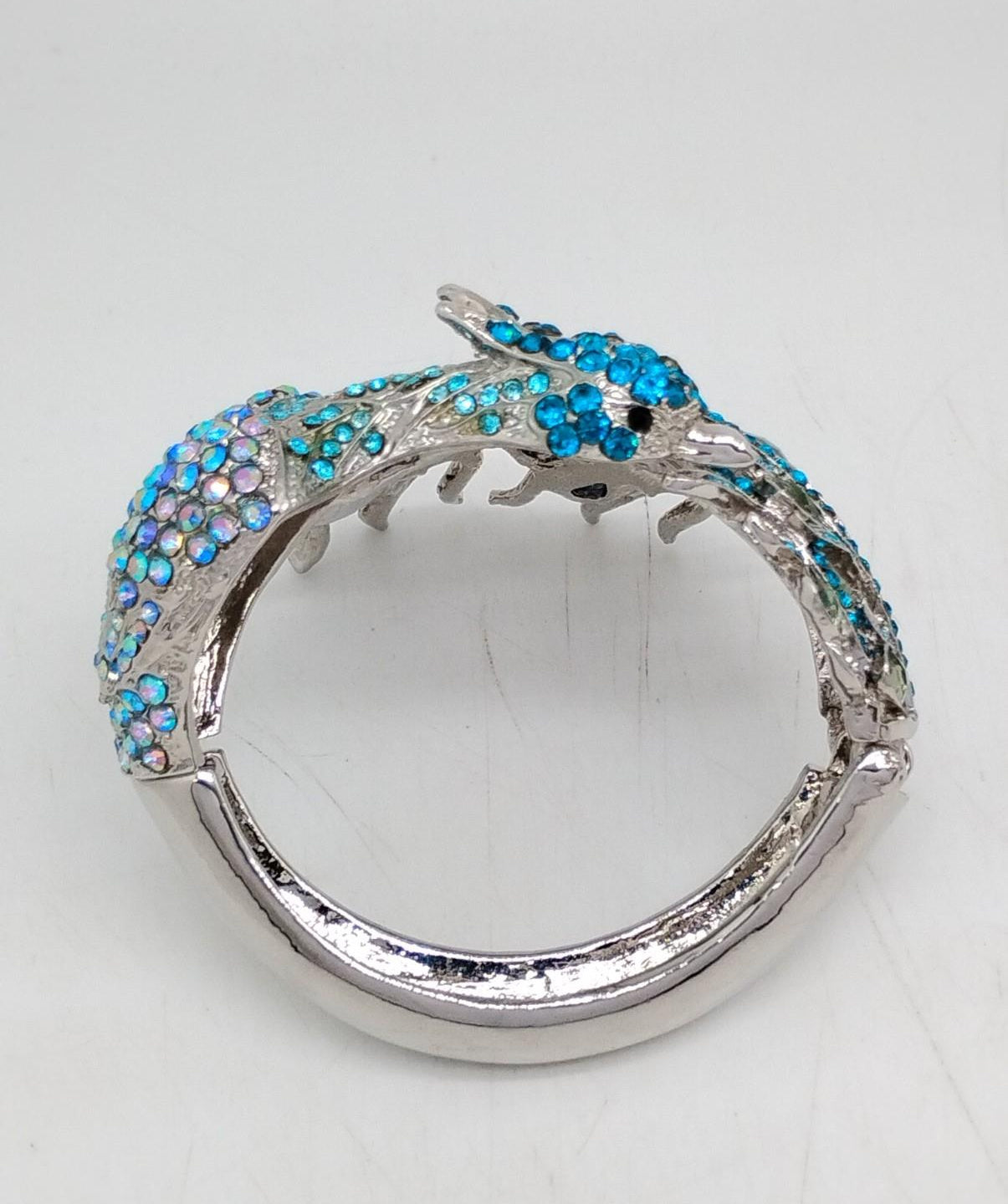 Colorful Peacock Crystal Statement Cuff Bracelet Blue Green Rhinestone Hinged Bangle