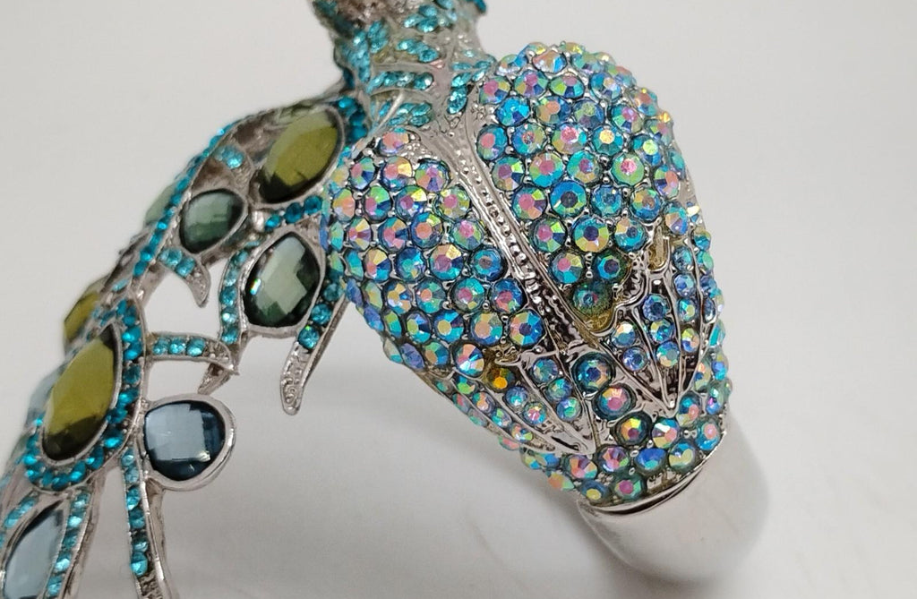 Colorful Peacock Crystal Statement Cuff Bracelet Blue Green Rhinestone Hinged Bangle