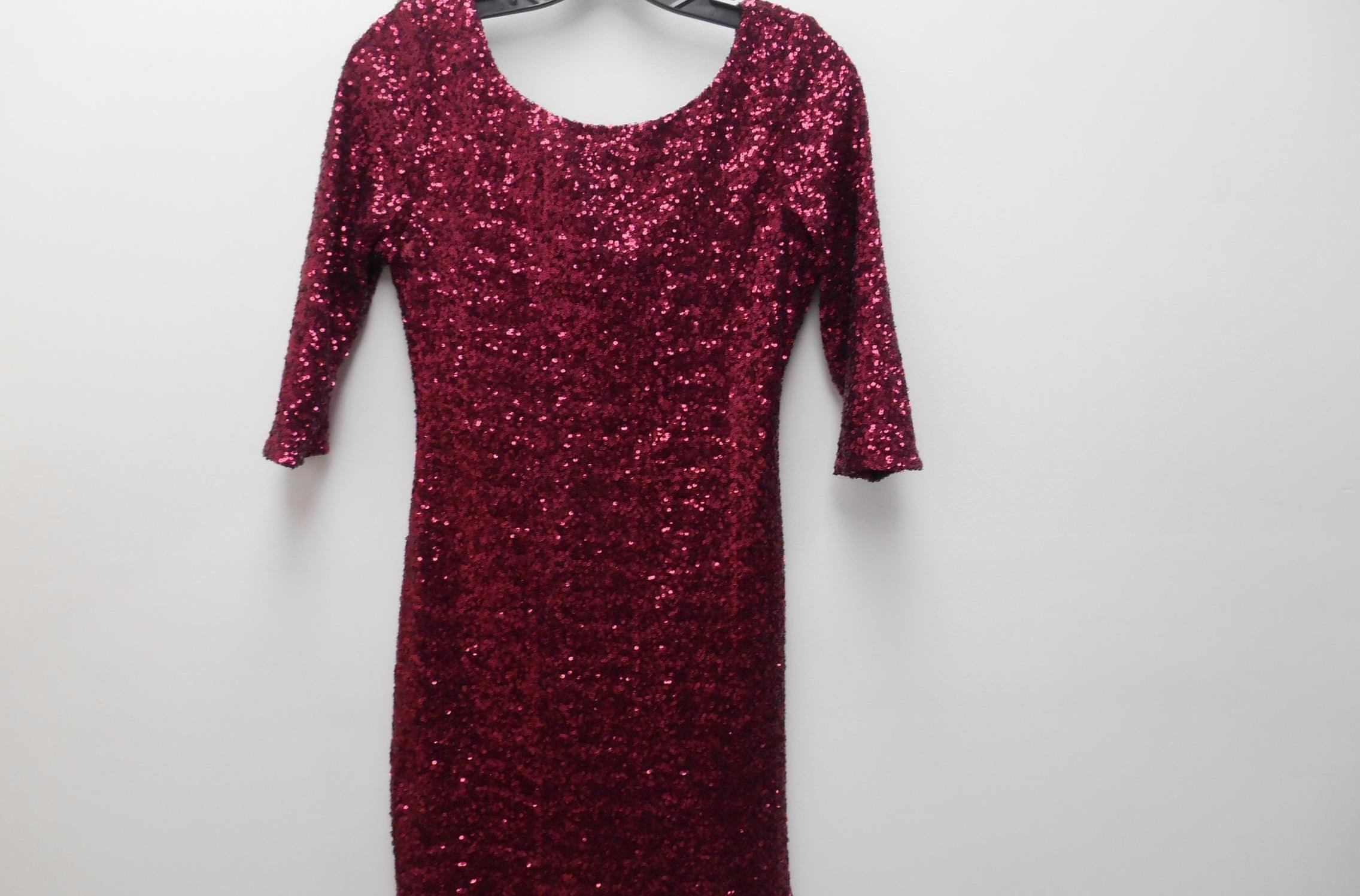 Crystal Doll Burgundy Sequin Bodycon Dress 3/4 Sleeve Cocktail Party Dress Size Medium