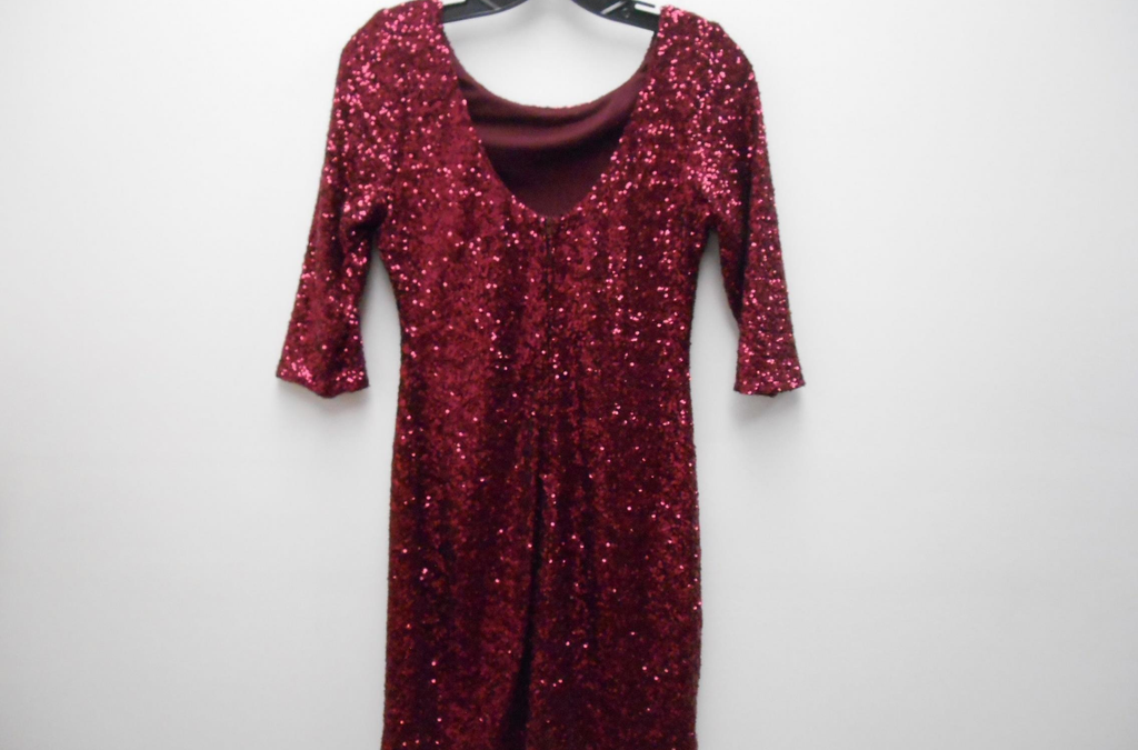 Crystal Doll Burgundy Sequin Bodycon Dress 3/4 Sleeve Cocktail Party Dress Size Medium