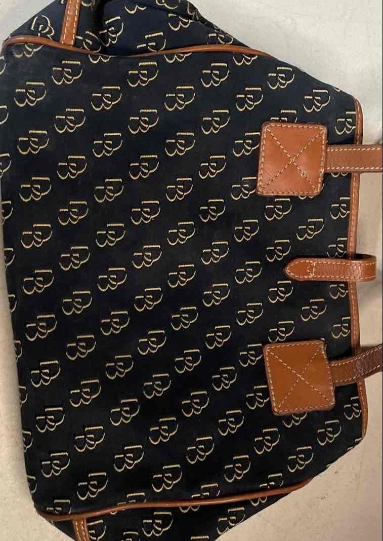 Dooney and Bourke Signature DB Monogram Tote Shoulder Bag with Tan Leather Trim | Medium Shopper Tote