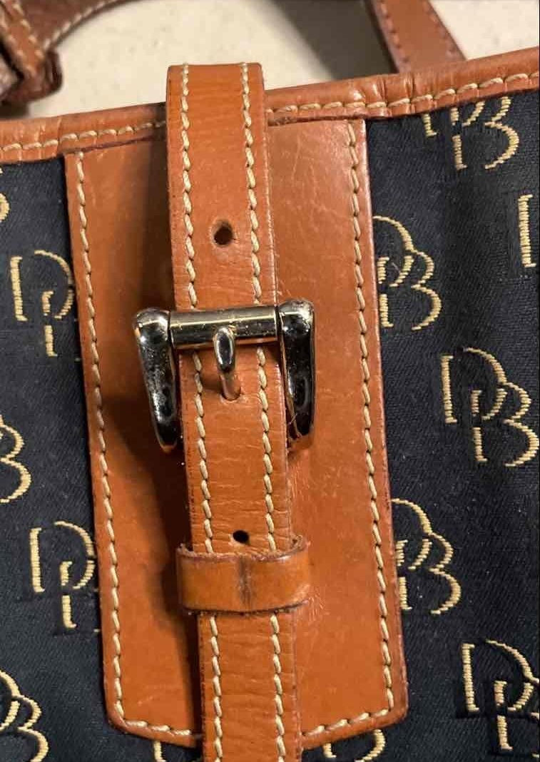 Dooney and Bourke Signature DB Monogram Tote Shoulder Bag with Tan Leather Trim | Medium Shopper Tote