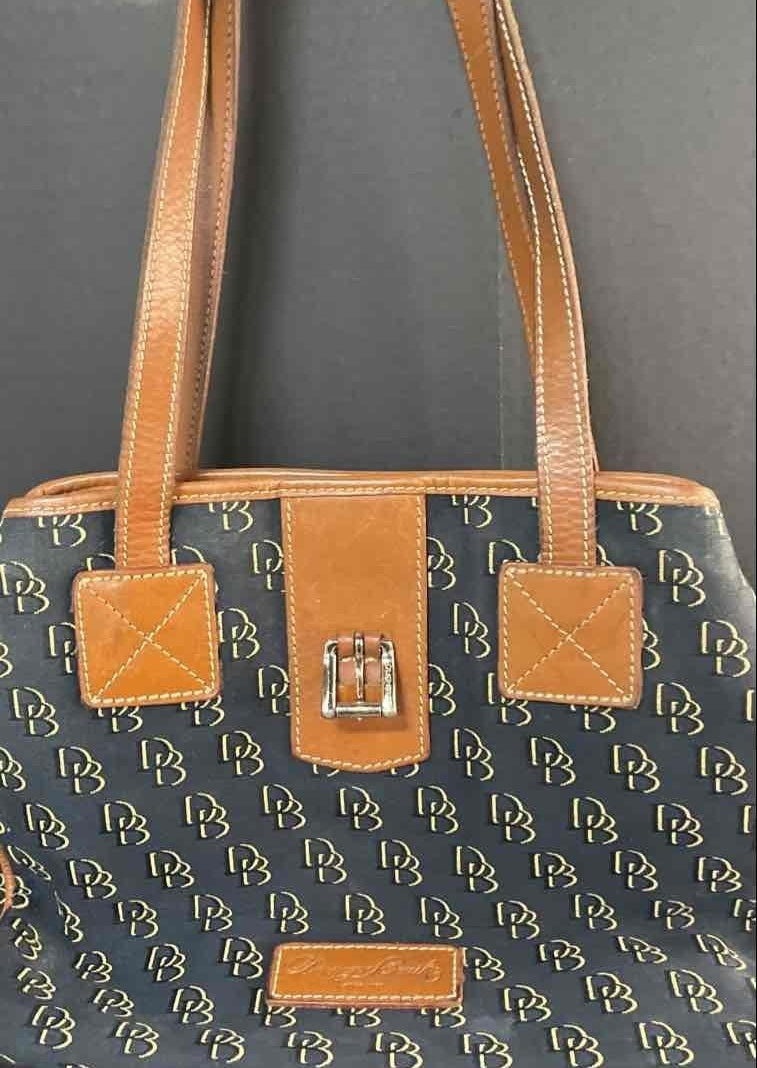 Dooney and Bourke Signature DB Monogram Tote Shoulder Bag with Tan Leather Trim | Medium Shopper Tote