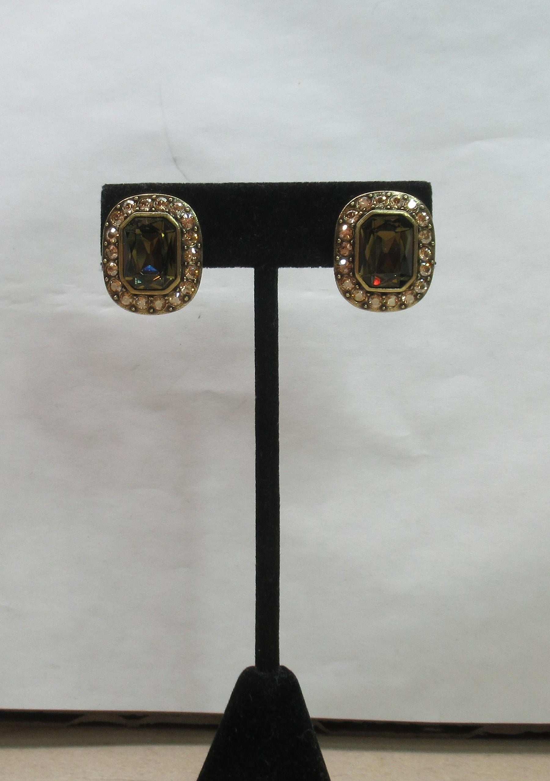 Heidi Daus Jeweled Clip Earrings with Rectangular Green Stones