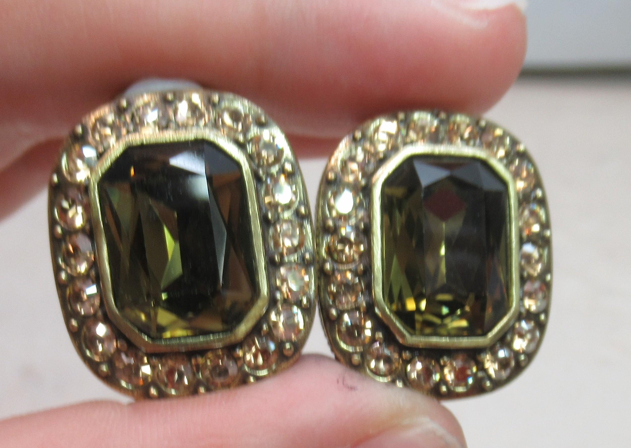 Heidi Daus Jeweled Clip Earrings with Rectangular Green Stones