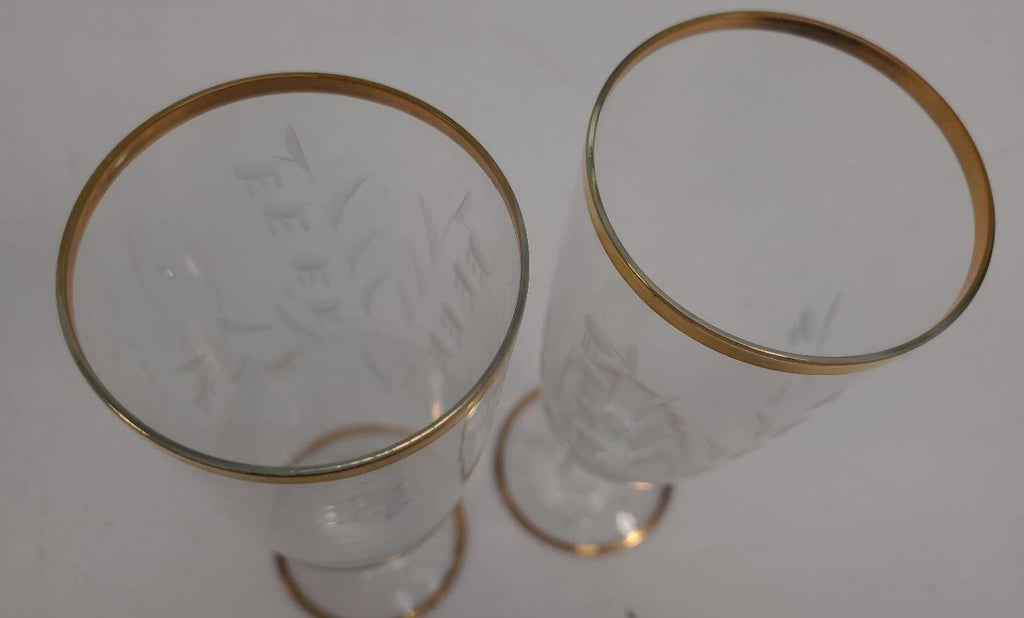 Vintage Clear Glass Gold Rim Stemmed Beverage Glasses Set of 2