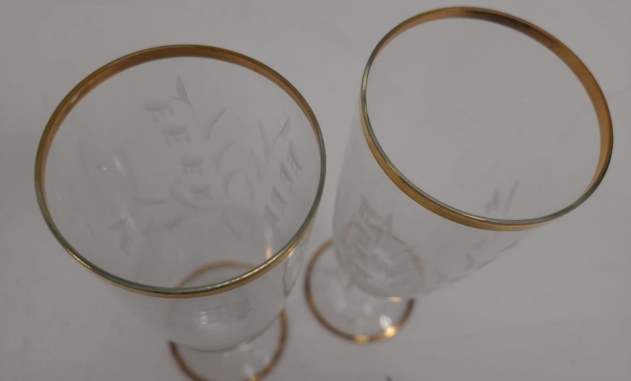 Vintage Clear Glass Gold Rim Stemmed Beverage Glasses Set of 2