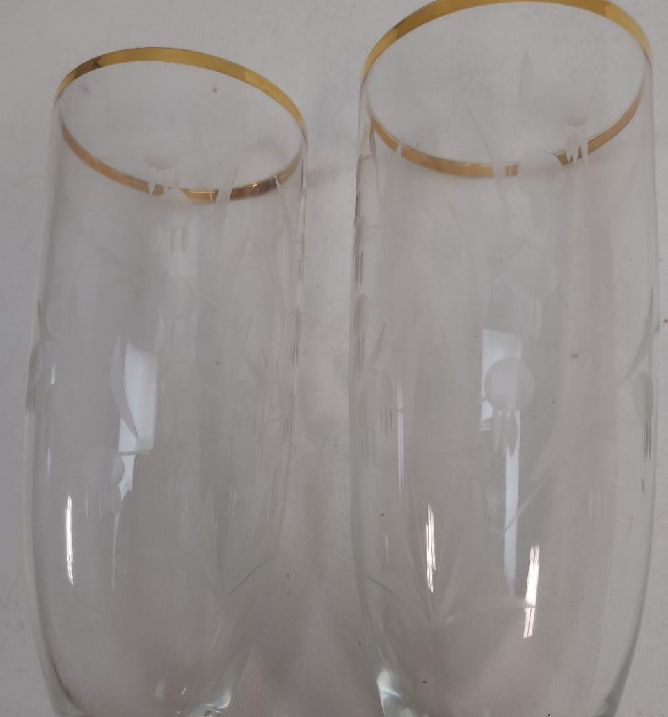 Vintage Clear Glass Gold Rim Stemmed Beverage Glasses Set of 2