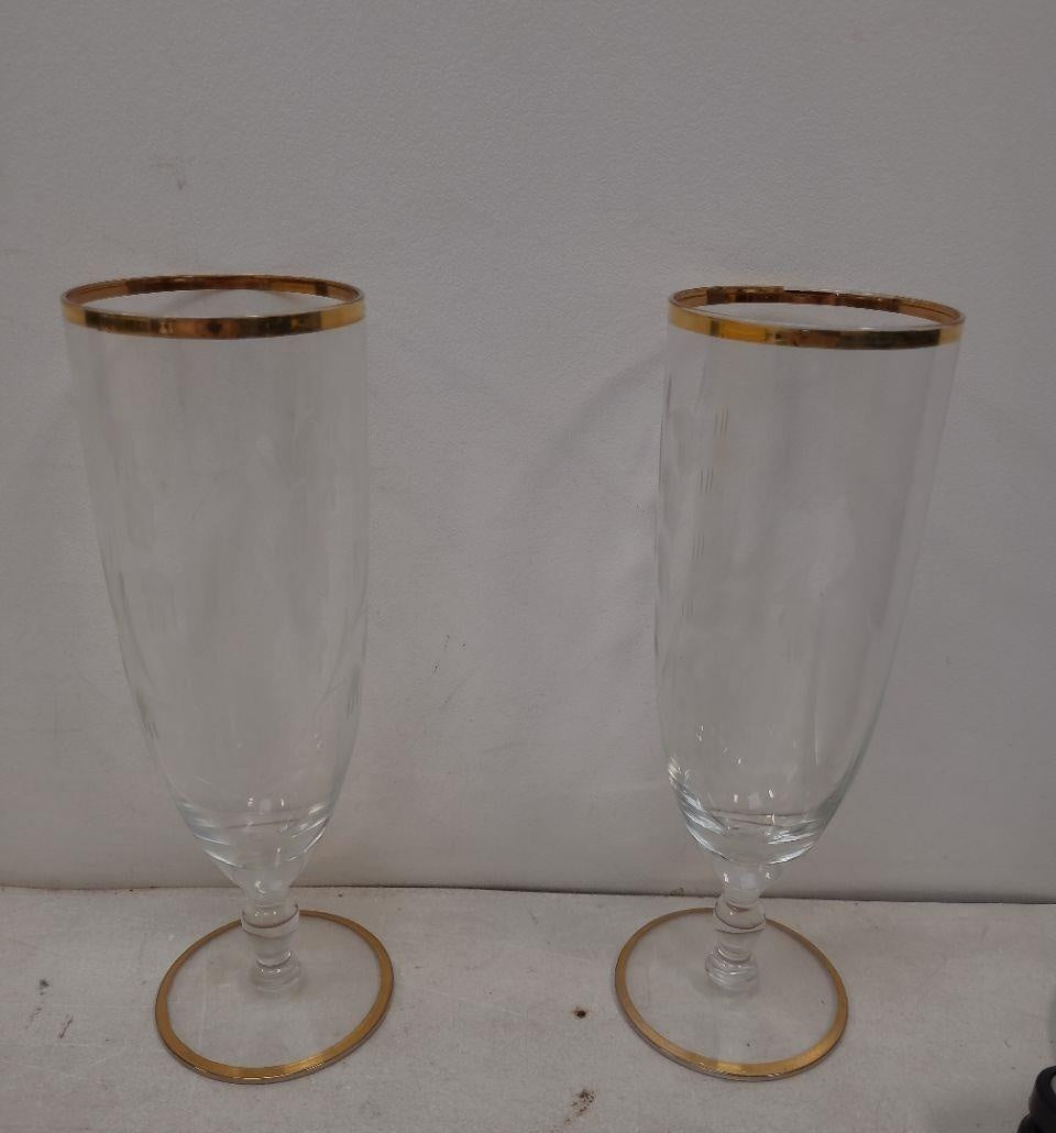 Vintage Clear Glass Gold Rim Stemmed Beverage Glasses Set of 2