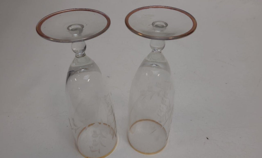 Vintage Clear Glass Gold Rim Stemmed Beverage Glasses Set of 2