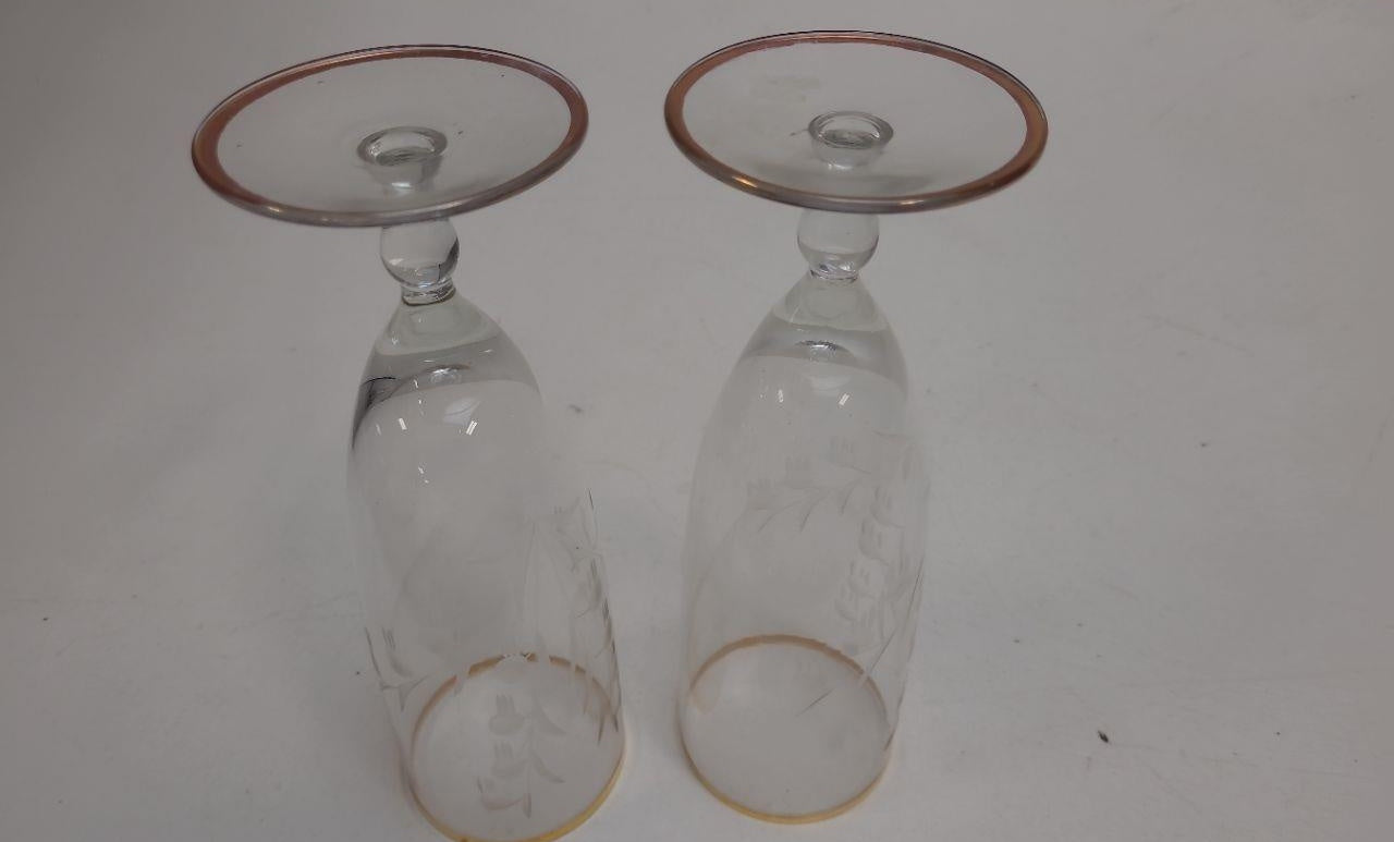 Vintage Clear Glass Gold Rim Stemmed Beverage Glasses Set of 2