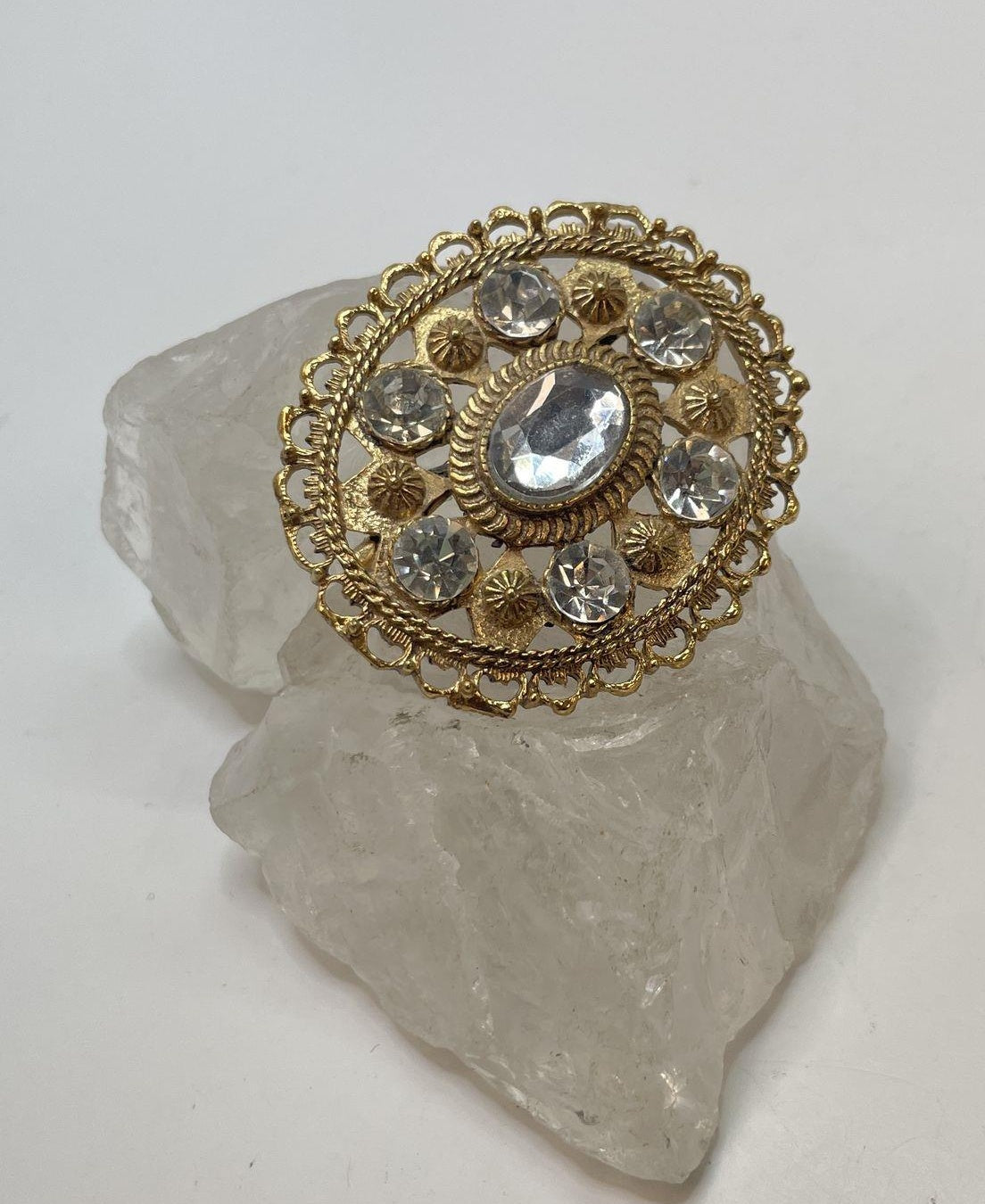Vintage Gold Tone Domed Rhinestone Brooch Oval Filigree Statement Pin
