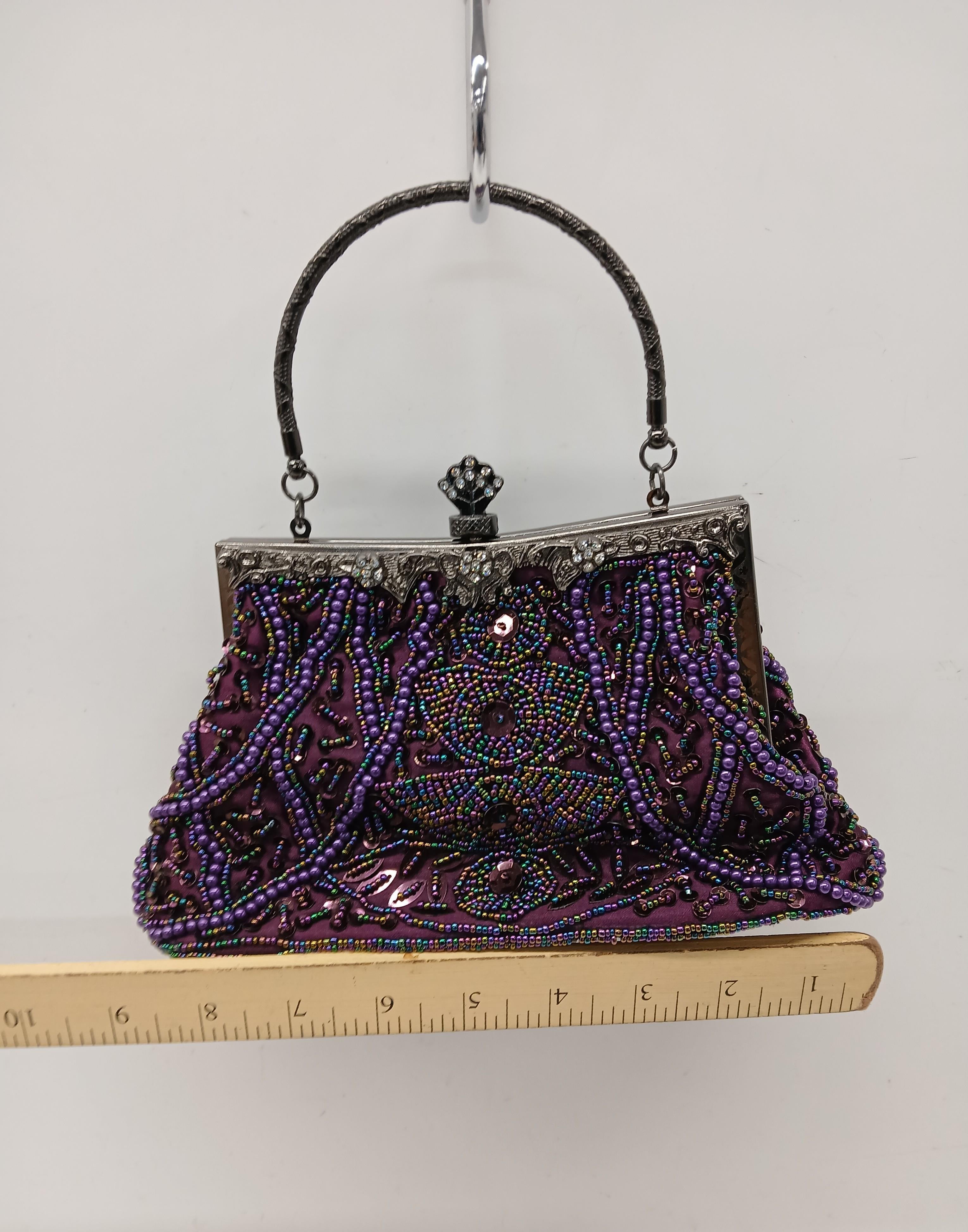 MyGift Purple Beaded Handbag with Metal Handle and Satin Lining