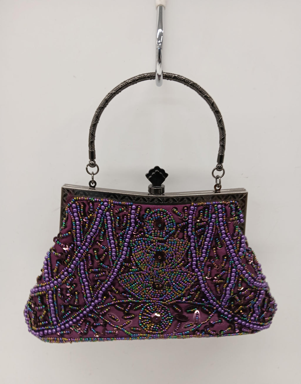 MyGift Purple Beaded Handbag with Metal Handle and Satin Lining