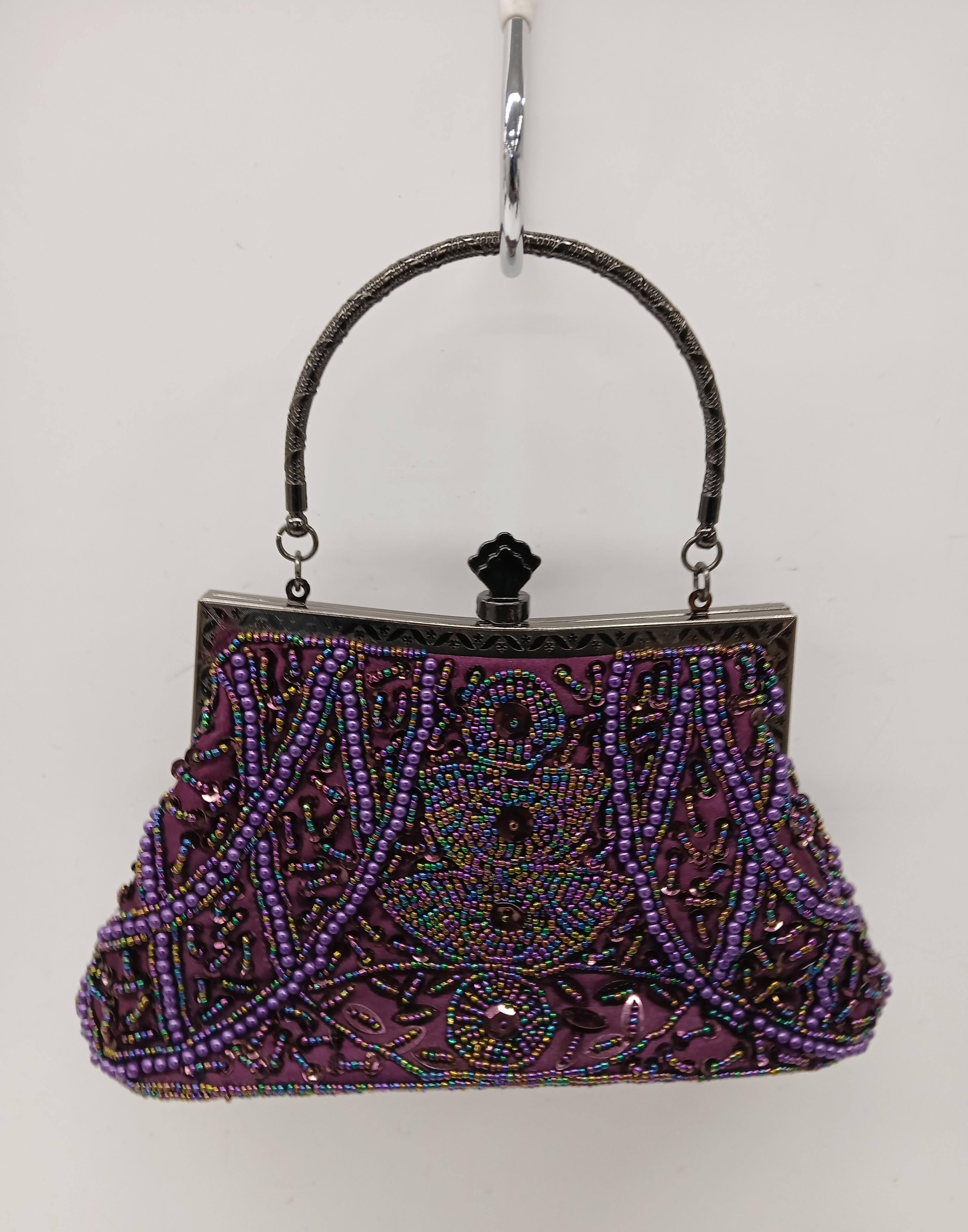 MyGift Purple Beaded Handbag with Metal Handle and Satin Lining