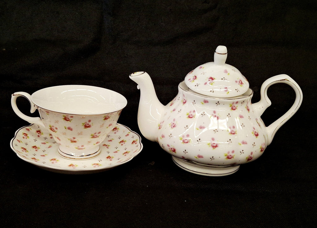 Vintage Park Chateau Porcelain Tea Set Floral Pattern Teapot Cups Saucers Original Box