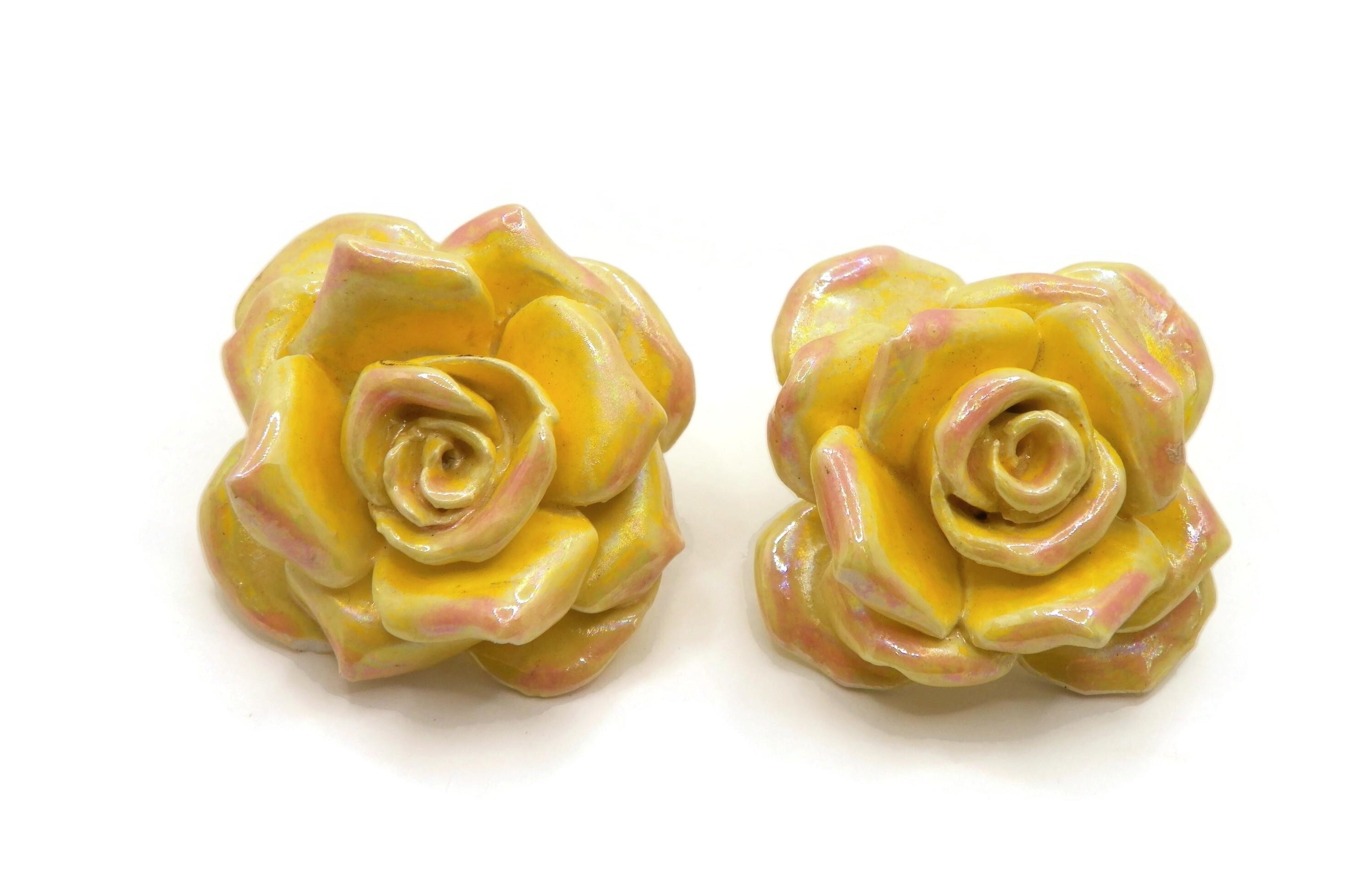 Large Vintage Porcelain Yellow Flower Clip-On Earrings