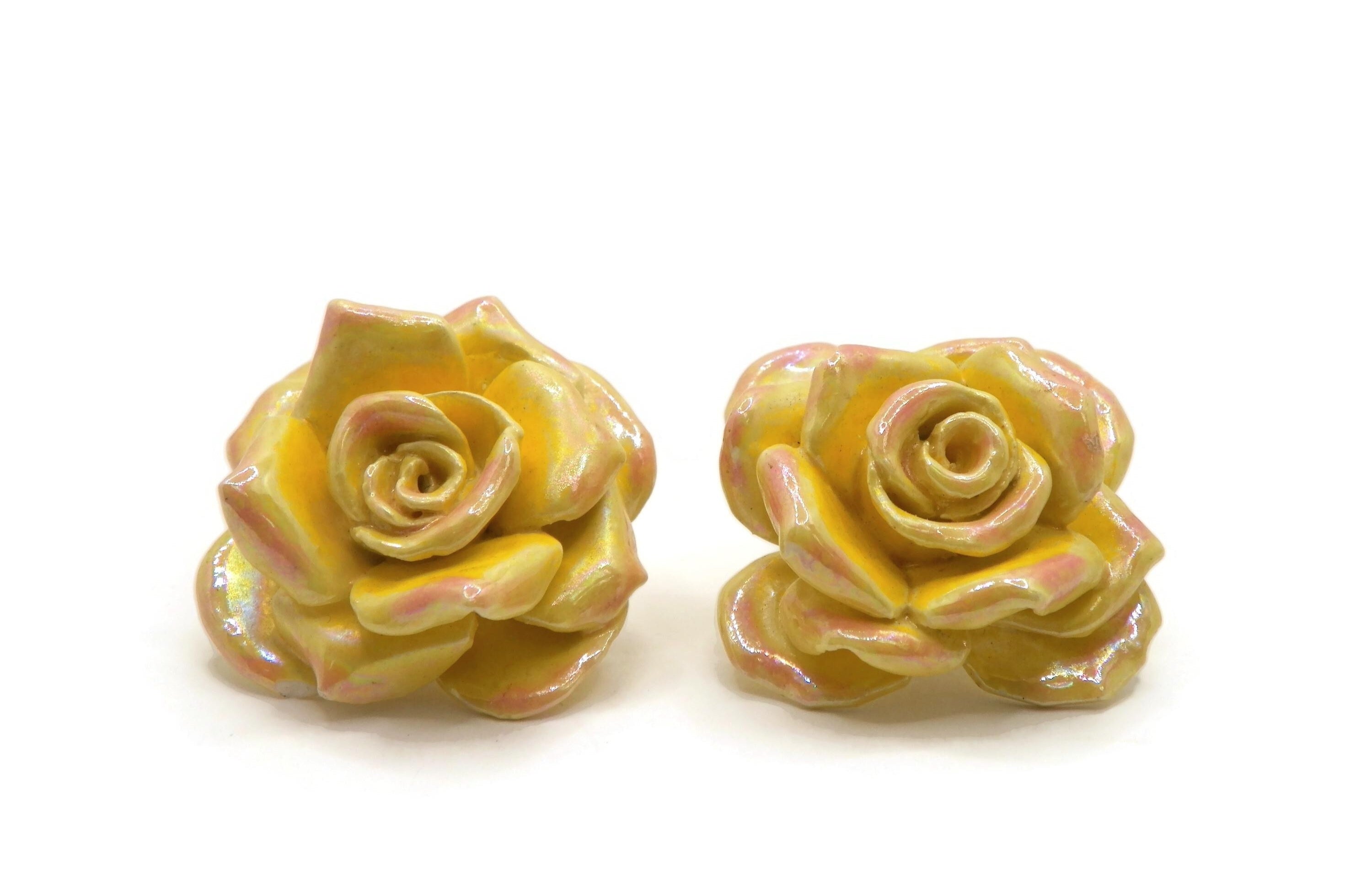 Large Vintage Porcelain Yellow Flower Clip-On Earrings