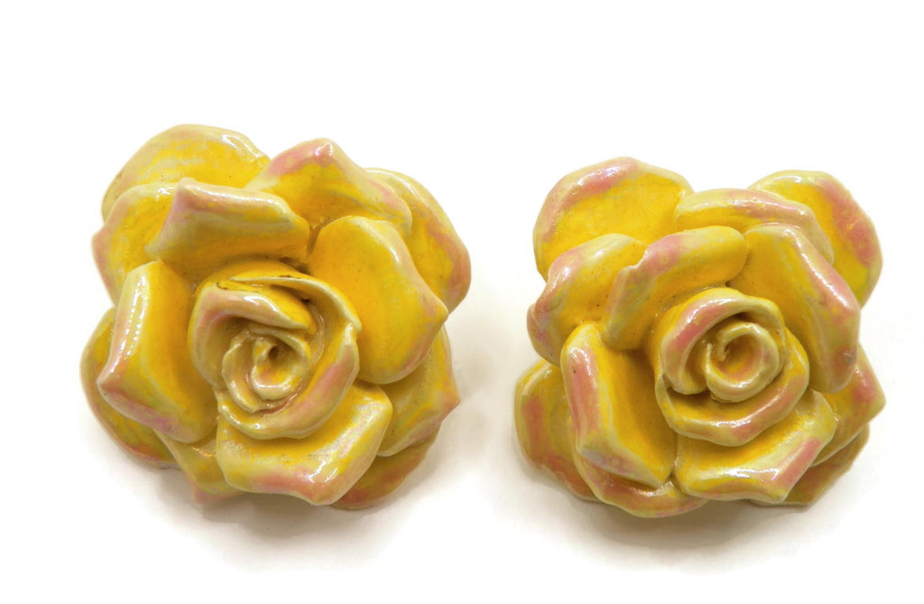 Large Vintage Porcelain Yellow Flower Clip-On Earrings