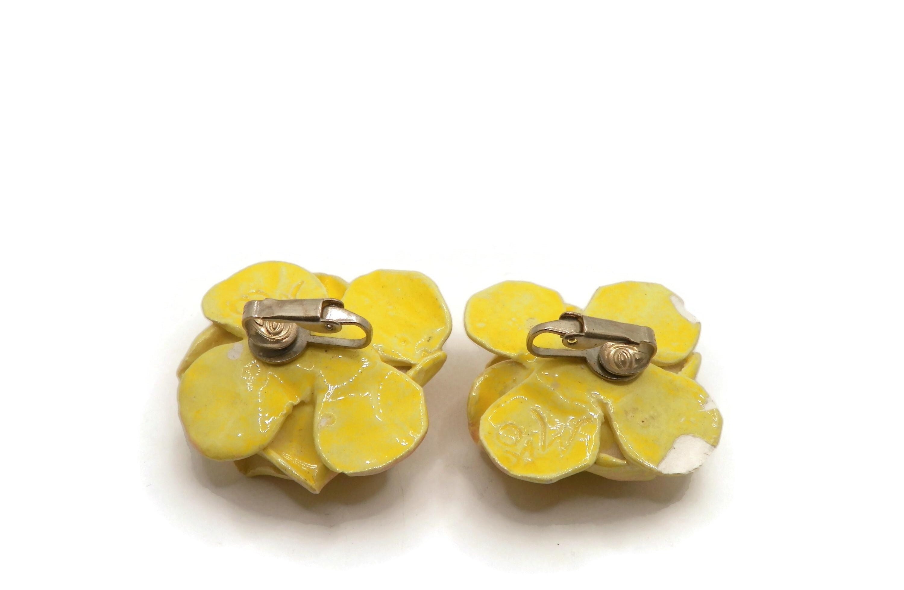 Large Vintage Porcelain Yellow Flower Clip-On Earrings