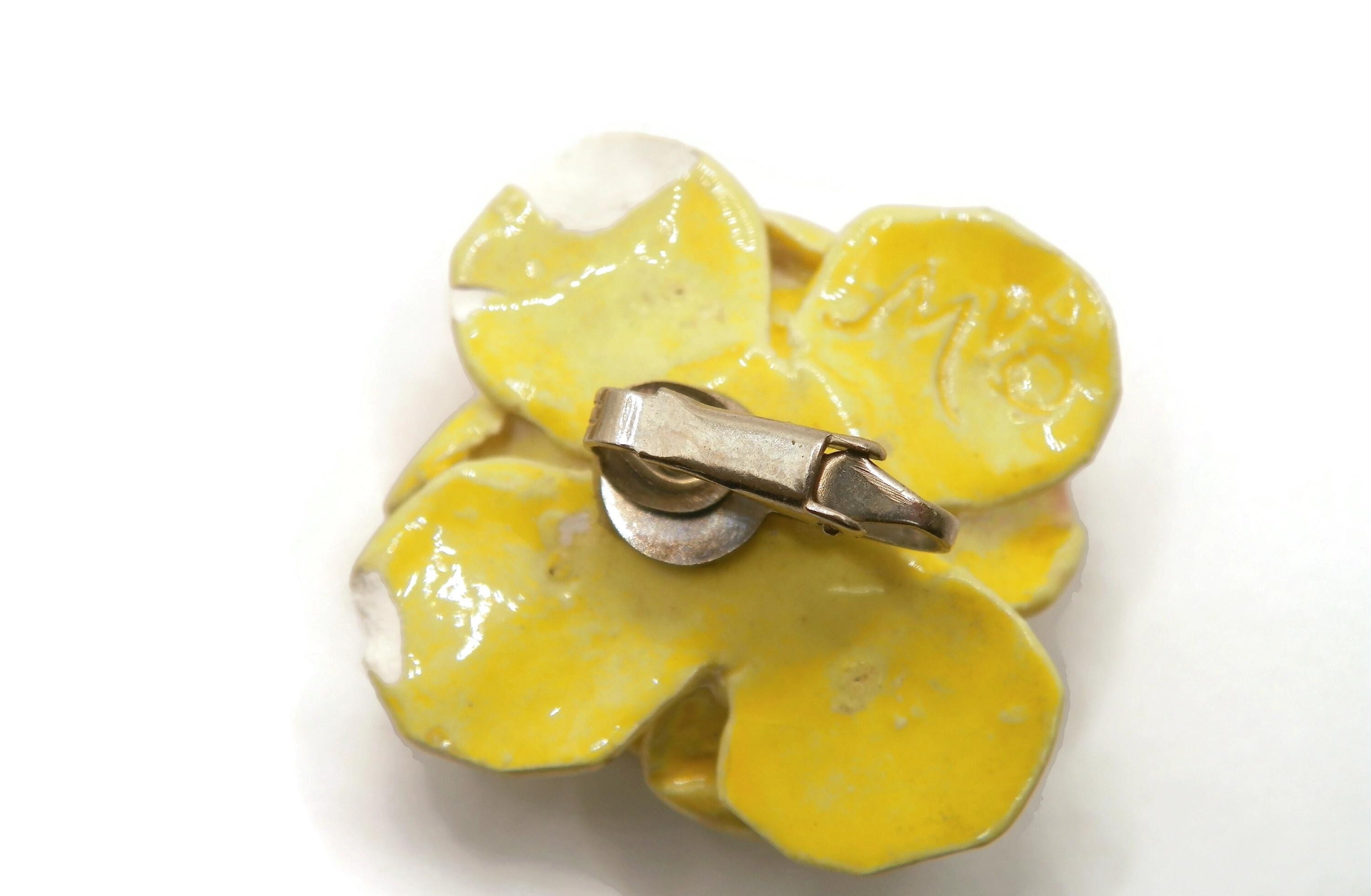 Large Vintage Porcelain Yellow Flower Clip-On Earrings