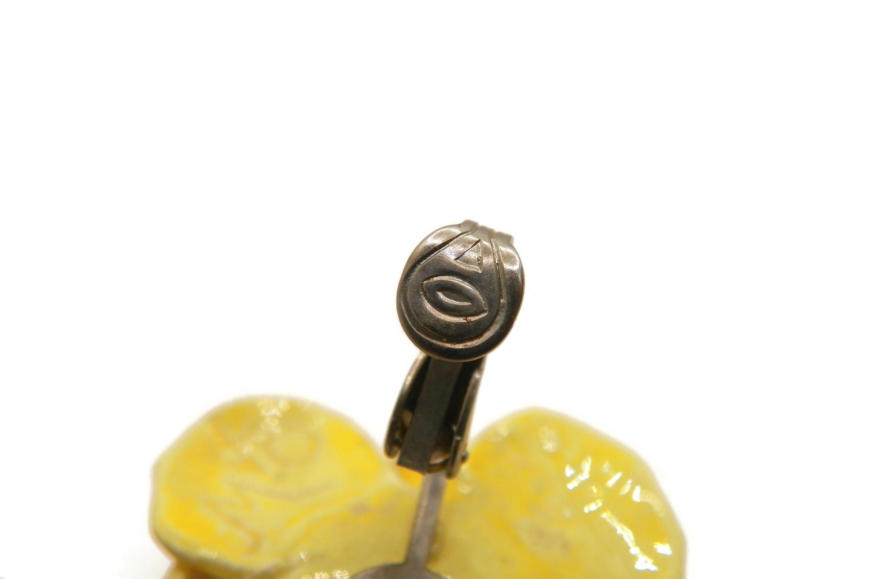 Large Vintage Porcelain Yellow Flower Clip-On Earrings