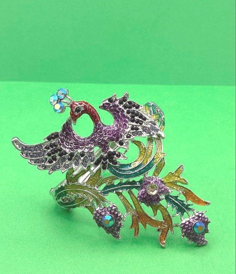 Silver Tone & Rhinestone Peacock Clamp Bracelet