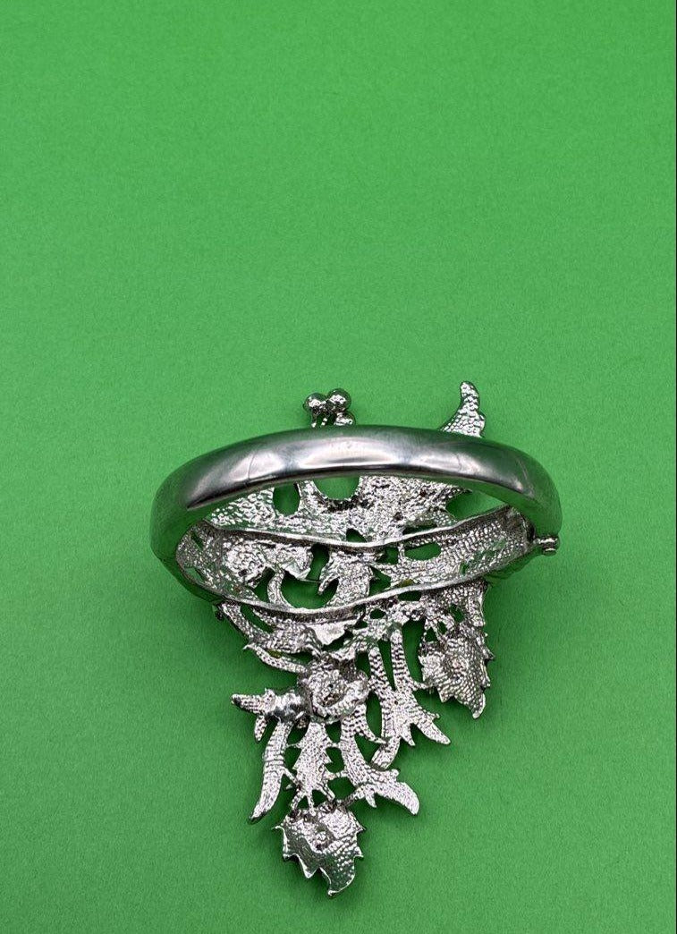 Silver Tone & Rhinestone Peacock Clamp Bracelet
