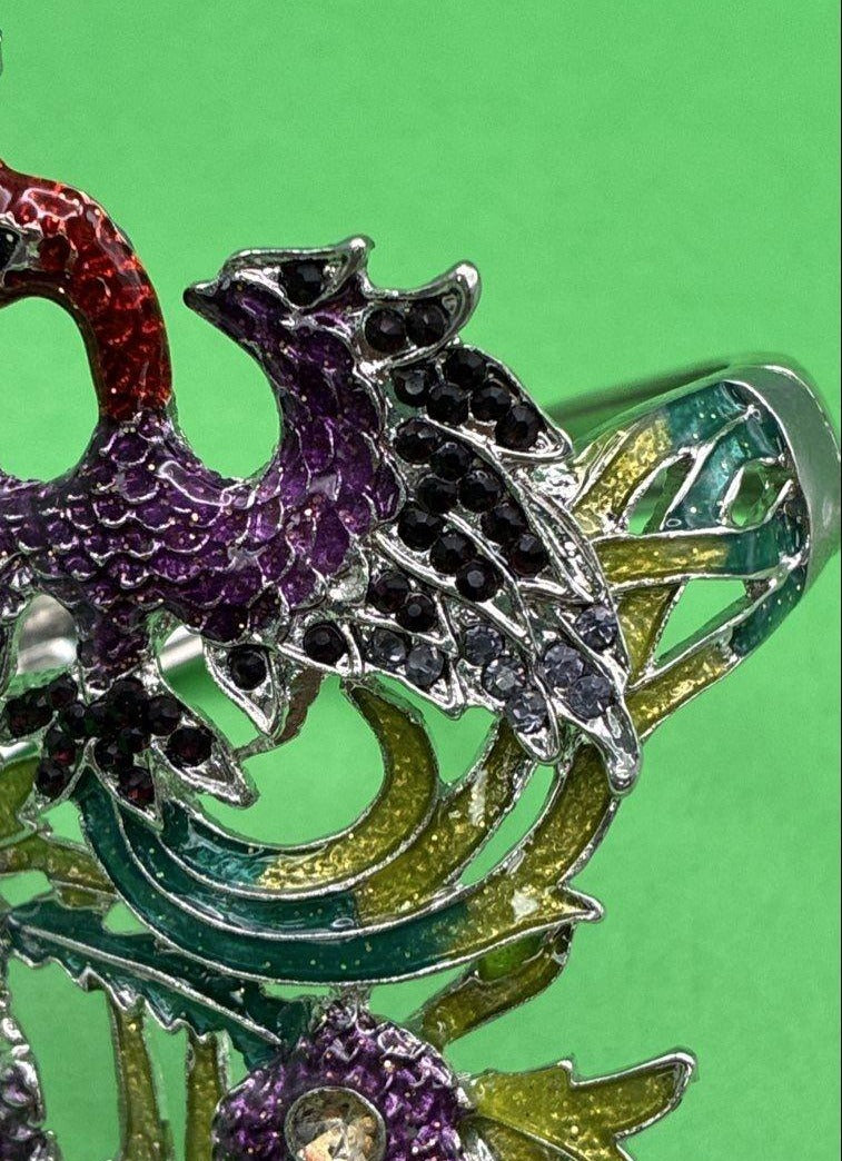 Silver Tone & Rhinestone Peacock Clamp Bracelet