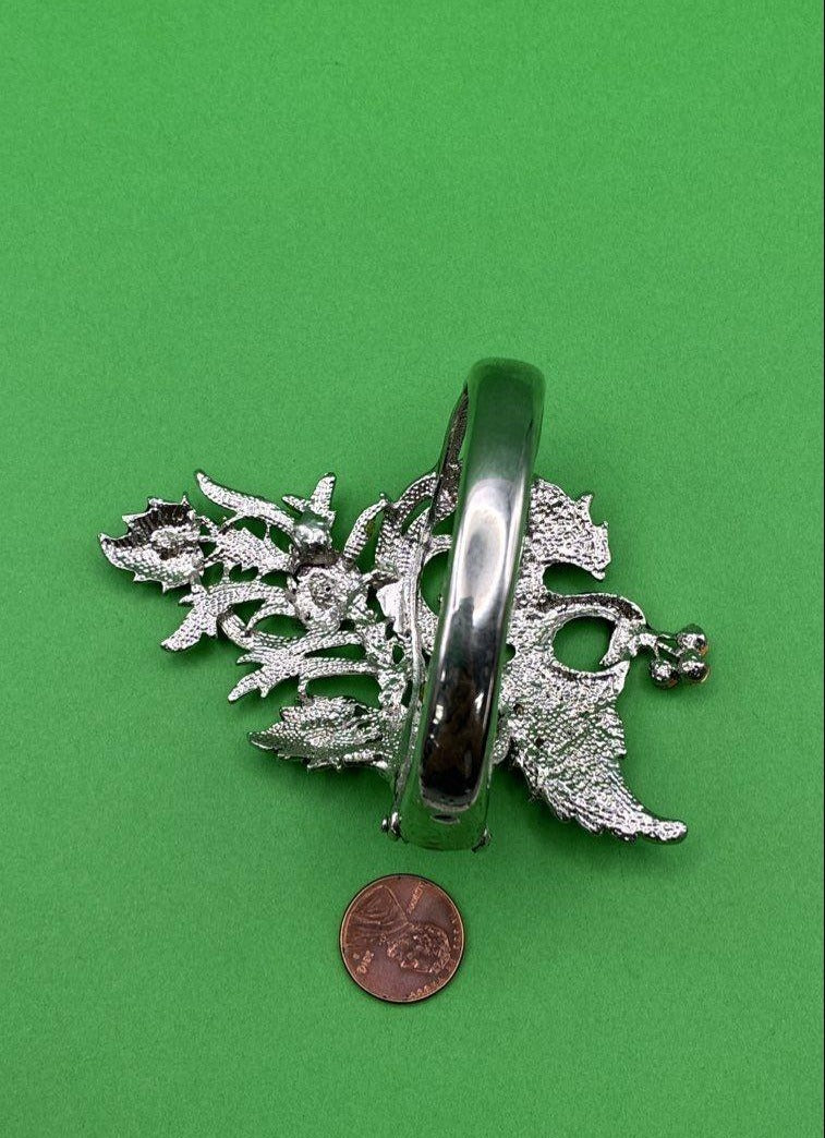 Silver Tone & Rhinestone Peacock Clamp Bracelet