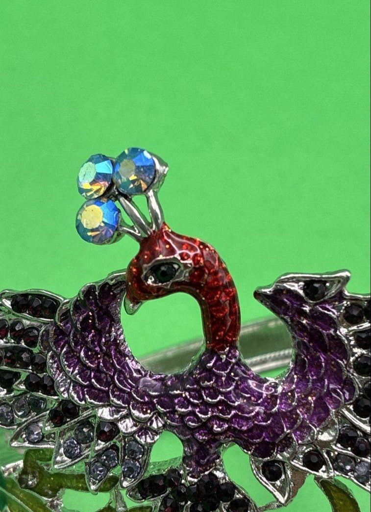 Silver Tone & Rhinestone Peacock Clamp Bracelet