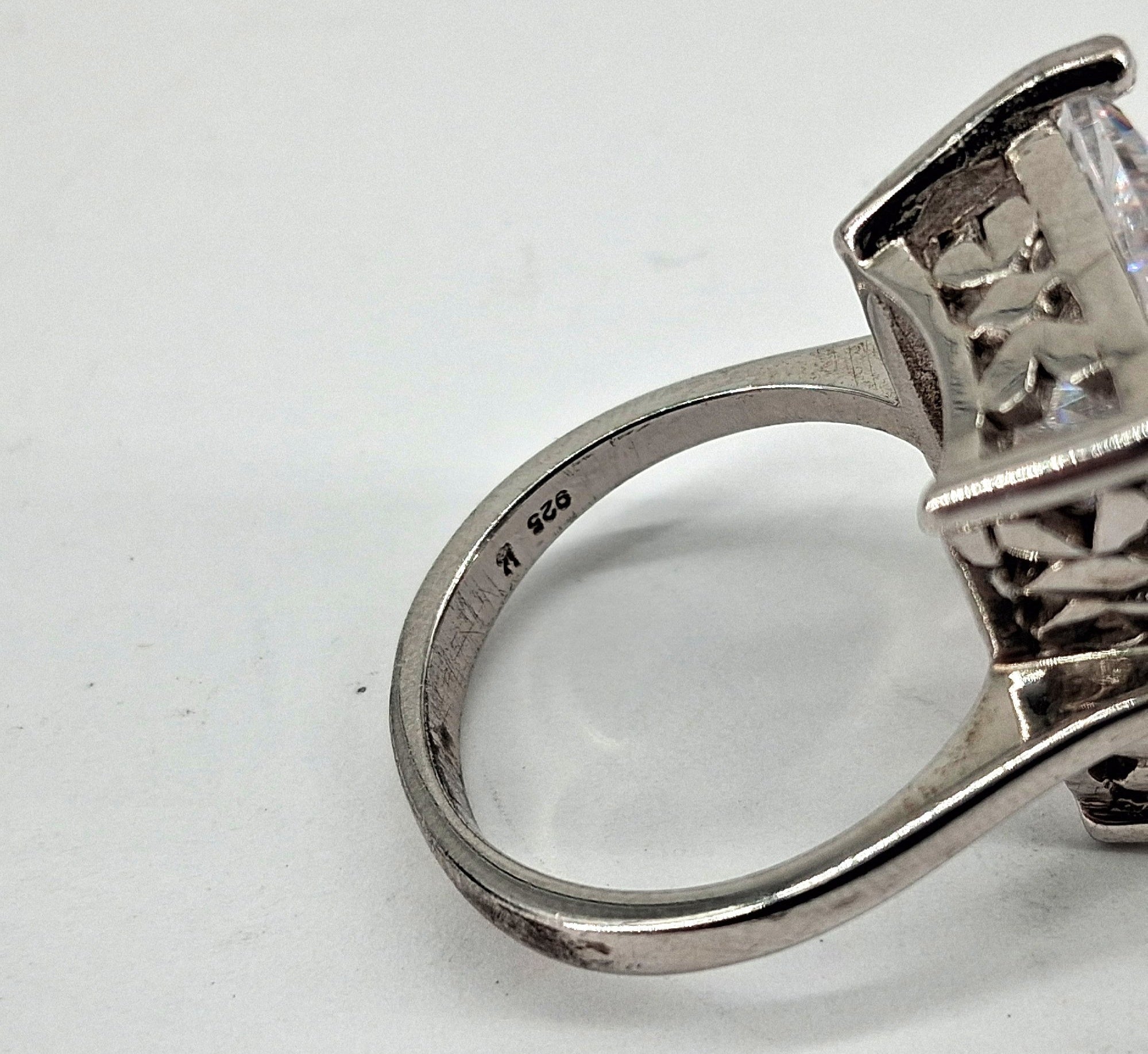 Sterling Silver Cocktail Ring w Rectangle Cut CZ, Size 6.5, 11.3g