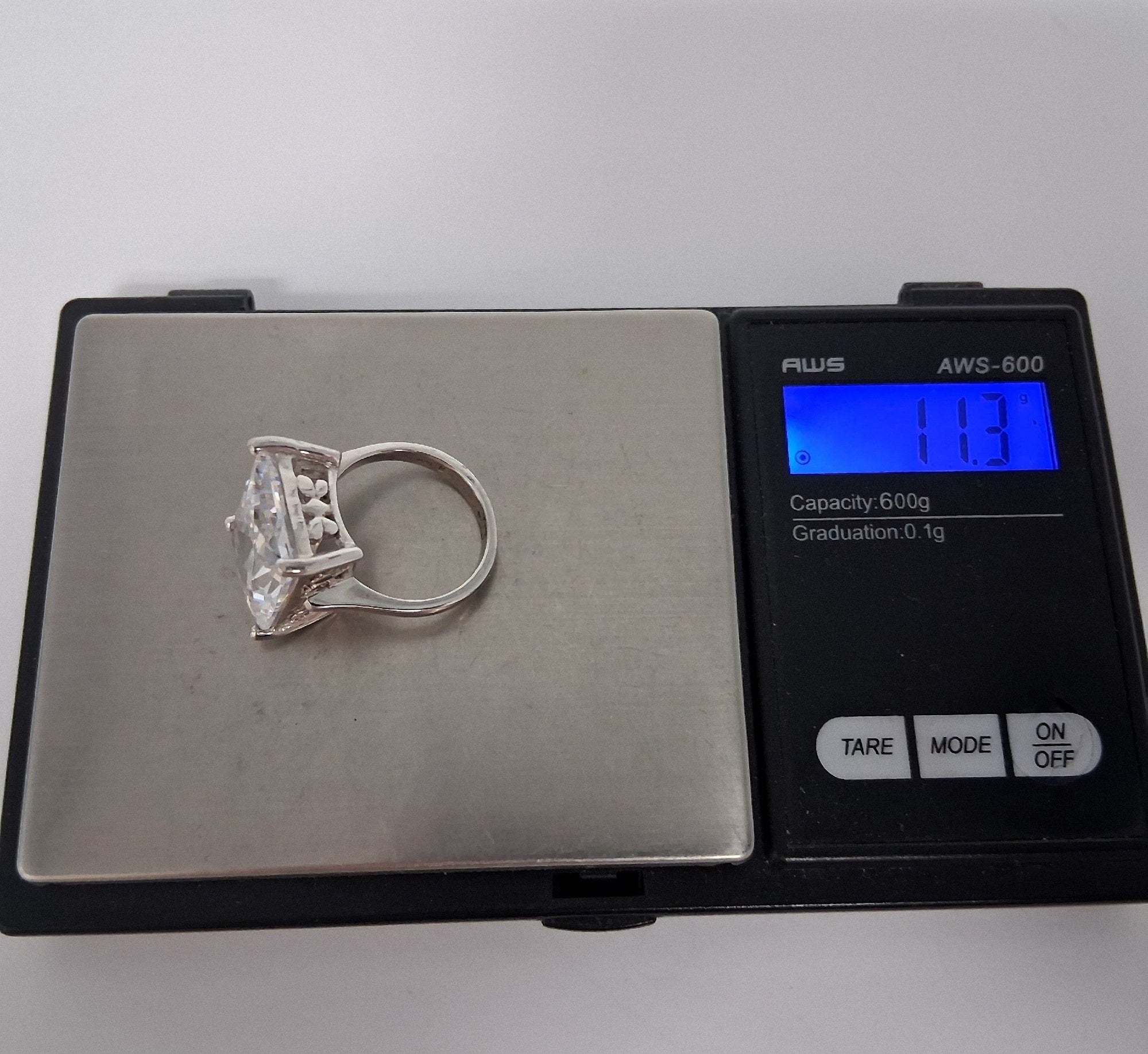 Sterling Silver Cocktail Ring w Rectangle Cut CZ, Size 6.5, 11.3g