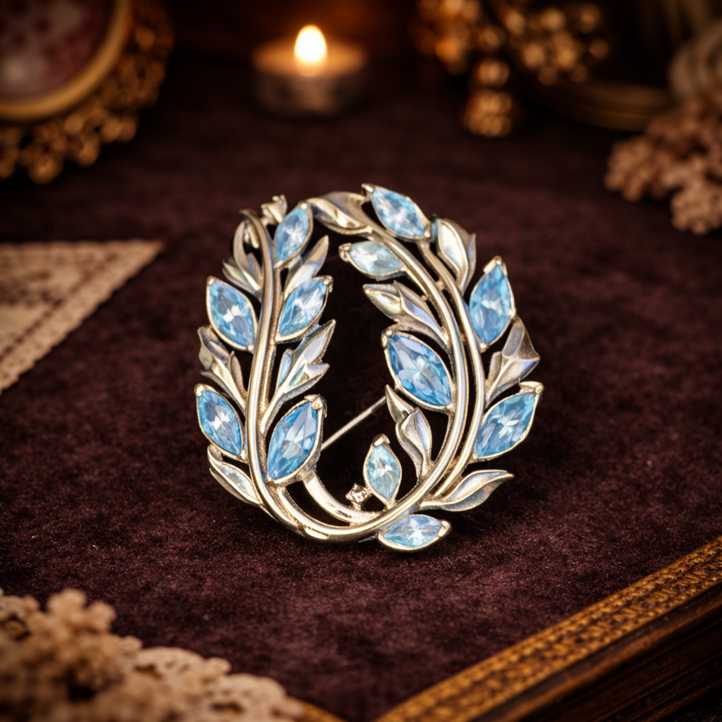 Crown Trifari Gold Tone Blue Enamel Leaf Wreath Brooch Botanical Pin Signed